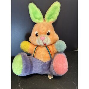 Vintage Easter Pets Bunny Rabbit Plush Rainbow Suspenders Pastel Toy